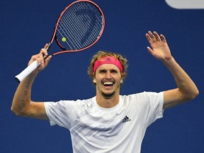 Alexander Zverev of Germany celebrates winning the fifth set and match against Pablo Carreno Busta of Spain in the men's singles semifinals match on day 12 of the 2020 U.S. Open tennis tournament at USTA Billie Jean King National Tennis Center.