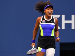 Naomi Osaka of Japan reacts during the third set against Victoria Azarenka of Belarus in the women's singles final match on day 13 of the 2020 U.S. Open tennis tournament at USTA Billie Jean King National Tennis Center.