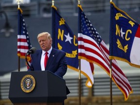 President Donald Trump speaks to a small crowd outside the USS North Carolina on September 2, 2020 in Wilmington, North Carolina.