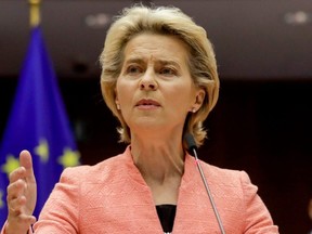 European Commission President Ursula von der Leyen gives her first State of the Union speech during a plenary session of European Parliament in Brussels, Belgium, Wednesday, Sept. 16, 2020.