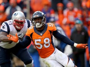 Von Miller of the Denver Broncos rushes against Cameron Fleming of the New England Patriots in the AFC Championship game at Sports Authority Field at Mile High on January 24, 2016 in Denver.