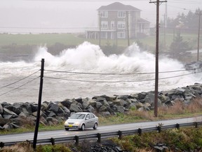 Waves hit the shore in Cow Bay, N.S. near Halifax on Tuesday, Oct. 30, 2012. The Canadian Hurricane Centre has posted an image of hurricane Teddy, indicating a track of the storm making possible landfall over the Maritimes early next week. The storm was listed by the centre as being in the Caribbean as of 5 a.m. local time today, with maximum wind speeds of over 200 kilometres per hour.