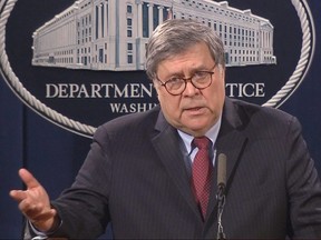 U.S. Attorney General William Barr speaks to reporters about the ongoing protests in the wake of the death in Minneapolis police custody of George Floyd at the Justice Department in Washington, June 4, 2020.
