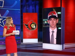 Jamie Hersch of the NHL Network interviews Senators draft pick Jake Sanderson on Tuesday.