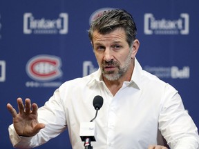 Montreal Canadiens general manager Marc Bergevin meets the media at the Bell Sports Complex in Brossard on April 9, 2019.