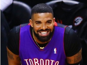 Rapper Drake is seen wearing a Dell Curry jersey before Game One of the 2019 NBA Finals between the Golden State Warriors and the Toronto Raptors at Scotiabank Arena on May 30, 2019 in Toronto, Canada.