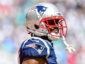 Antonio Brown of the New England Patriots looks on in the third quarter against the Miami Dolphins at Hard Rock Stadium on September 15, 2019 in Miami, Florida.