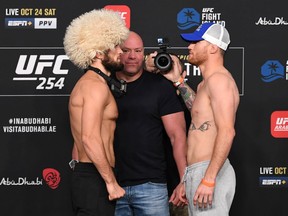 Opponents Khabib Nurmagomedov of Russia and Justin Gaethje face off during the UFC 254 weigh-in on Oct. 23, 2020 at UFC Fight Island in Abu Dhabi.