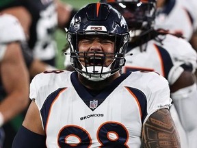 Mike Purcell of the Denver Broncos reacts to a tackle against the New York Jets during the first quarter at MetLife Stadium on October 01, 2020 in East Rutherford, New Jersey.