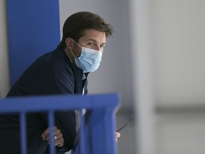 Leafs GM Kyle Dubas watches his team.