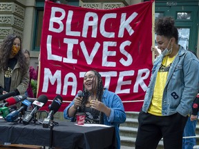 Santina Rao addresses supporters outside provincial court in Halifax on Tuesday, July 7, 2020 after charges against her were dropped.