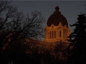 The Saskatchewan Legislative Building is lit by a low sun on the day of the Saskatchewan provincial election in Regina on Oct. 26, 2020.