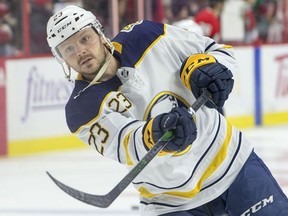 Buffalo Sabre Sam Reinhart in the warm-up skate as the Ottawa Senators take on the Buffalo Sabres in NHL action at the Canadian Tire Centre in Ottawa.