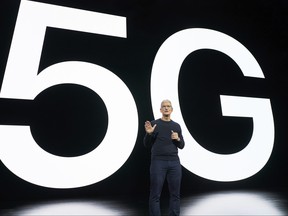In this photo released by Apple, Apple CEO Tim Cook speaks about 5G during an Apple event at Apple Park in Cupertino, California on October 13, 2020.