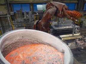 Aluminum in a smelter is seen at the Alouette aluminum plant in Sept-Iles, Que., Tuesday, May 21, 2019.