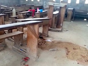 An empty classroom is seen following a shooting at a school in Kumba, Cameroon October 24, 2020 in this screen grab obtained from a social media video.