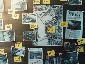 Detective board with photos of suspected criminals, crime scenes and evidence with red threads, retro toned