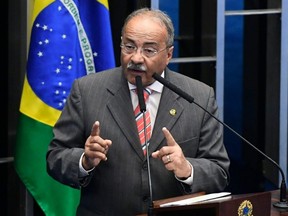 This handout picture released by Brazilian Senate Agency shows Senator Chico Rodrigues speaking at Senate Plenary in Brasilia, Feb. 11, 2020.