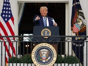 U.S. President Donald Trump arrives to speak about law and order from the South Portico of the White House in Washington, D.C., Saturday, Oct. 10, 2020.