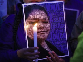A picture of Joyce Echaquan is seen during a vigil in front of the hospital where she died in Joliette, Que. on Tuesday, September 29, 2020.