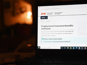 The employment insurance section of the Government of Canada website is shown on a laptop in Toronto on April 4, 2020.