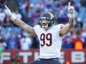 Aaron Lynch of the Chicago Bears celebrates his sack of Nathan Peterman of the Buffalo Bills in the fourth quarter during NFL game action at New Era Field on November 4, 2018 in Buffalo, New York.
