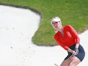 Social media personality Paige Spiranac hits from the sand during the second round of the PGA TOUR Champions Bass Pro Shops Legends of Golf at Big Cedar Lodge on April 27, 2019 in Ridgedale, Missouri.