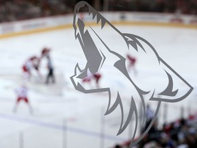 A Coyote's logo is depicted on a glass railing as the Phoenix Coyotes face off against the Carolina Hurricanes during the NHL game at Jobing.com Arena on December 14, 2013 in Glendale, Arizona.