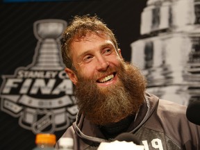 Joe Thornton of the San Jose Sharks addresses the media during the 2016 Stanley Cup final Media Day at Pittsburgh.