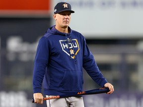 A.J. Hinch of the Houston Astros looks on prior to Game 4 of the American League Championship Series against the New York Yankees at Yankee Stadium on October 17, 2019 in New York.