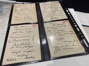 Four artifacts from 1937 with the original handwriting of Adolf Hitler that come under the hammer by an auction house are pictured in Munich, Germany, October 22, 2020.