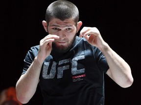 UFC lightweight champion Khabib Nurmagomedov attends an open workout for UFC 229 at Park Theater at Park MGM on October 3, 2018 in Las Vegas.