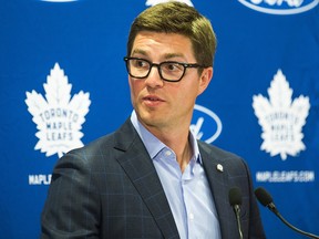 Toronto Maple Leafs general manager Kyle Dubas addresses the media at the Ford Performance Centre in the Etobicoke area of Toronto on Thursday September 12, 2019.