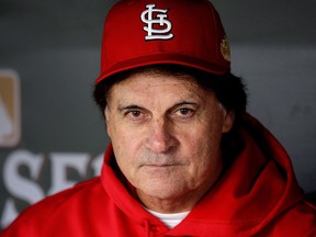 Manager Tony La Russa sits in the dugout prior to Game 6 of the World Series against the Texas Rangers at Busch Stadium on October 27, 2011 in St Louis.