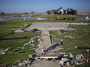 Debris is scattered after Hurricane Delta made landfall in Cameron, Louisiana, on Saturday, Oct. 10, 2020.