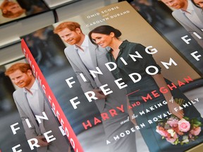 Copies of 'Finding Freedom,’ an unofficial biography on Prince Harry and Meghan Markle, the Duke and Duchess of Sussex, are seen on display at a Waterstones bookshop in London August 12, 2020.