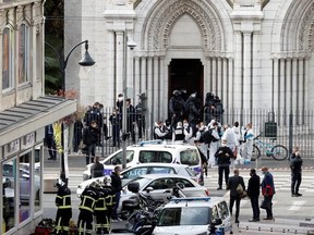 Security forces guard the area after a knife attack at Notre Dame church in Nice, France, October 29, 2020.