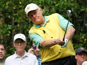 Jack Nicklaus tees off on the final day of practice for the 2018 Masters at Augusta National Golf Club in Augusta April 4, 2018.