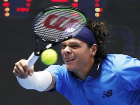 Milos Raonic in action during his St. Petersburg Open semifinal match Saturday against Borna Coric.