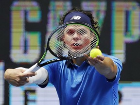 Canada's Milos Raonic in action during his semi final against Borna Coric at the St. Petersburg Open.