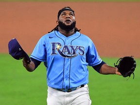 Tampa Bay Rays relief pitcher Diego Castillo reacts after defeating the Houston Astros 2-1 in Game 1 of the ALCS at Petco Park.