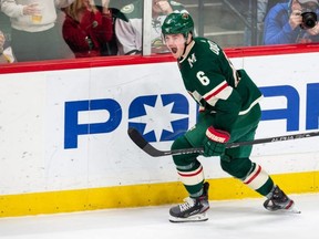 Wild centre Ryan Donato reacts after scoring a goal during a shootout against the Flames at Xcel Energy Center in St. Paul, Minn., Jan. 5, 2020.