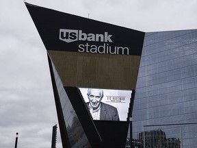 A tribute to longtime sports journalist Sid Hartman is seen displayed on a video board outside U.S. Bank Stadium after the game between the Atlanta Falcons and Minnesota Vikings on October 18, 2020 in Minneapolis, Minnesota.