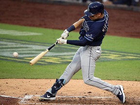 Kevin Kiermaier of the Tampa Bay Rays hits a double against the New York Yankees Game 3 of the American League Division Series at PETCO Park on October 7, 2020 in San Diego.