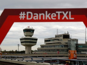 A hexagon sign reading "Thank you Tegel" is pictured at Tegel Airport, which is expected to shut permanently on November 8, in Berlin, Germany October 22, 2020.