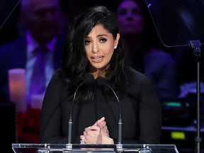 Vanessa Bryant speaks during a public memorial for her late husband, NBA great Kobe Bryant, her daughter Gianna and seven others killed in a helicopter crash on January 26, at the Staples Center in Los Angeles  February 24, 2020.