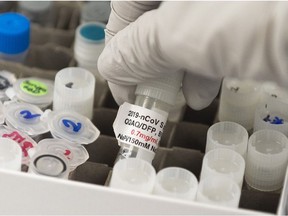 In this file photo Dr. Nita Patel, Director of Antibody discovery and Vaccine development, lifts a vial with a potential coronavirus, Covid-19, vaccine at Novavax labs in Gaithersburg, Maryland, one of the labs developing a vaccine for the coronavirus, Covid-19.