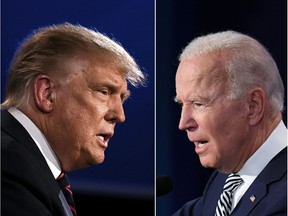 This combination of file pictures created on September 29, 2020 shows US President Donald Trump (L) and Democratic Presidential candidate former Vice President Joe Biden squaring off during the first presidential debate at the Case Western Reserve University and Cleveland Clinic in Cleveland, Ohio.