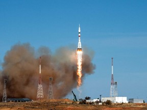 The Soyuz MS-17 spacecraft carrying the International Space Station (ISS) expedition 64 crew of NASA astronaut Kate Rubins and Russian cosmonauts Sergey Ryzhikov and Sergey Kud-Sverchkov blasts off to the ISS from the Russian-leased Baikonur cosmodrome in Kazakhstan on October 14, 2020.