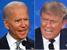 In this file combination of pictures created on September 29, 2020 Democratic Presidential candidate and former US Vice President Joe Biden (L) and US President Donald Trump speak during the first presidential debate at the Case Western Reserve University and Cleveland Clinic in Cleveland, Ohio.